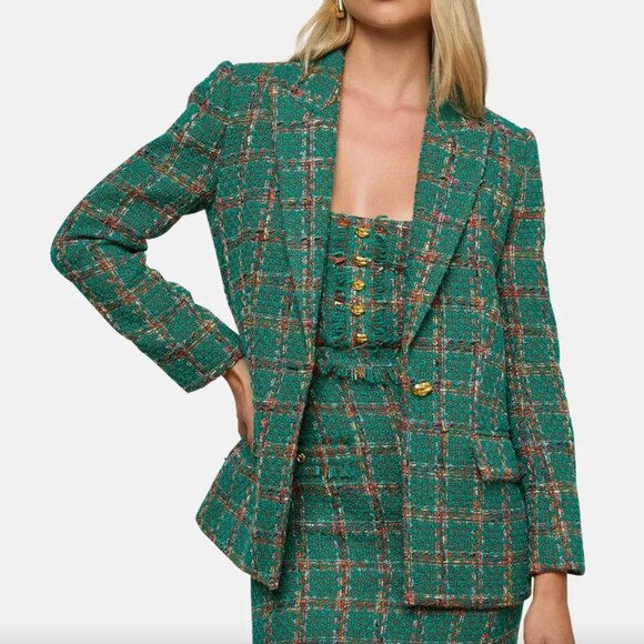 L'Agence Gweny Relaxed Blazer Green Windowpane Tweed MSRP $650 Size 4